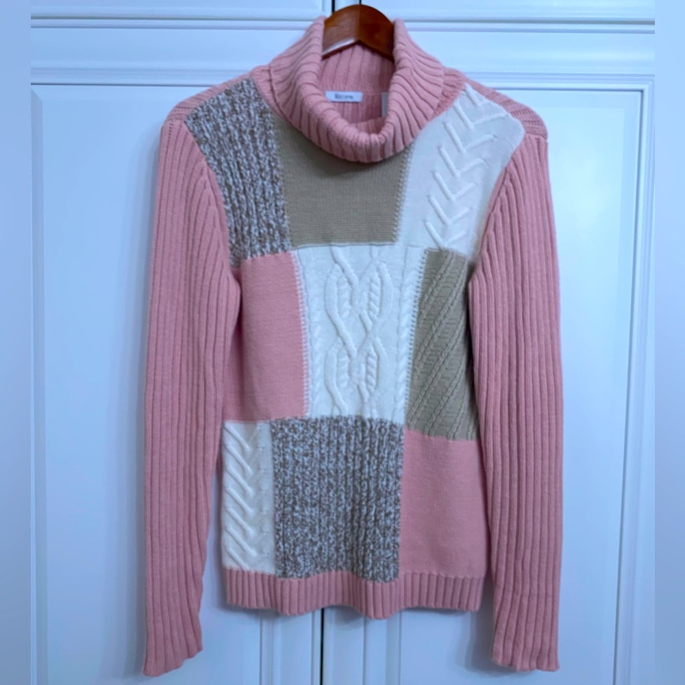 Liz & Co Sz Medium Pink Patchwork Style Textured Turtleneck Sweater Cream Tan